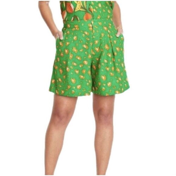 Tabitha Brown Target Shorts 2X Leopard Animal Print High Rise Pleat Linen Green - Picture 1 of 9
